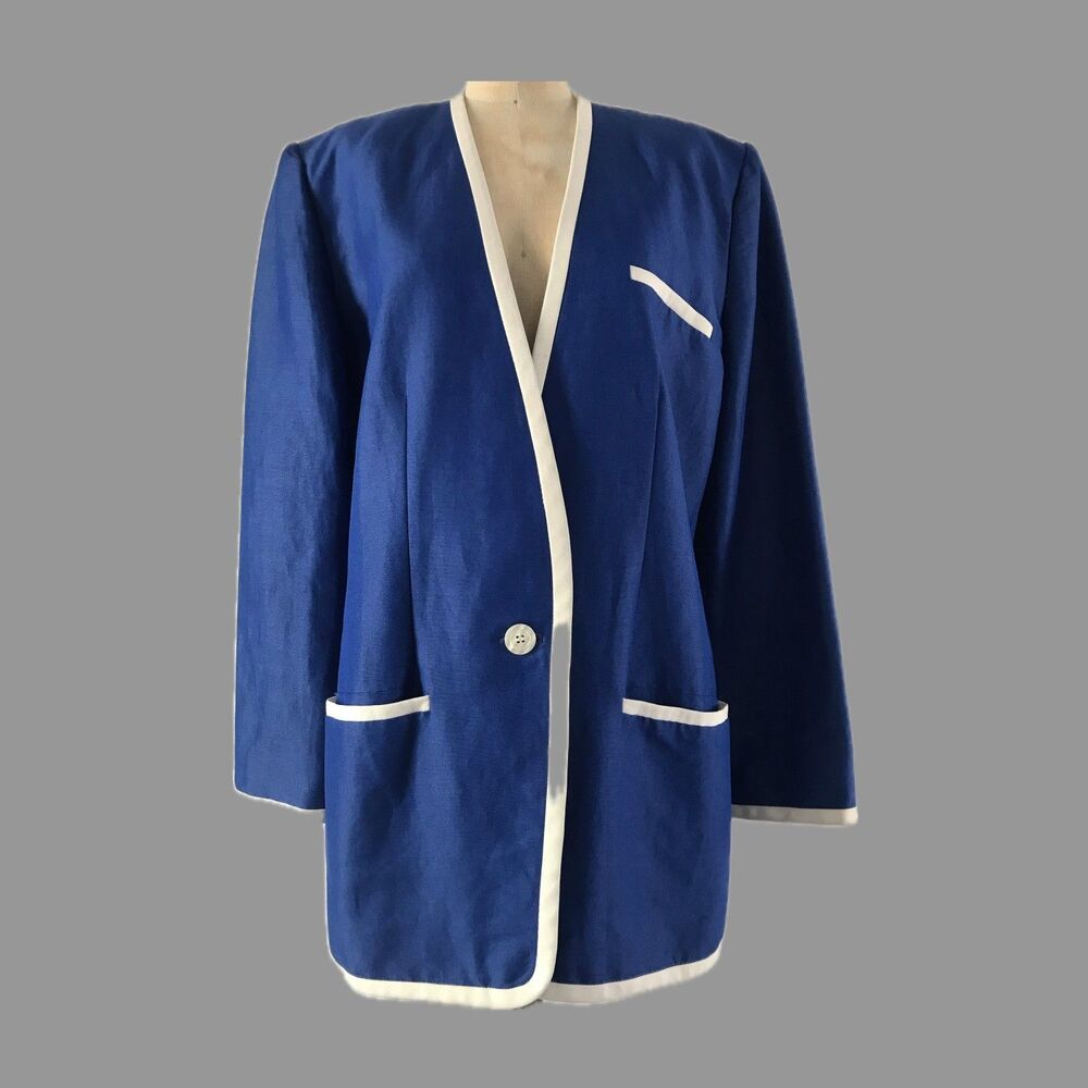 Vintage 1990s Blue Ramie Single Button Chic Blazer Jacket Womens Size M